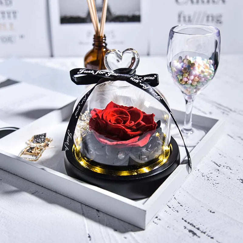 Beauty and Beast Natural Eternal Flowers Forever Preserved Rose In Glass Dome W Led Valentine Birthday Christmas Gifts for Her