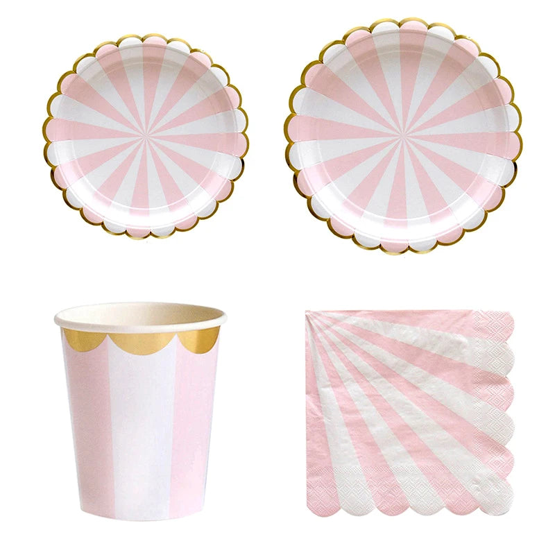 Pink Foil Gold Disposable Paper Plate Birthday Cups Straw For Kids Birthday Baby Shower Baptism Party Wedding Decor Tableware