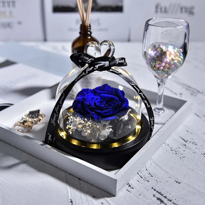 Beauty and Beast Natural Eternal Flowers Forever Preserved Rose In Glass Dome W Led Valentine Birthday Christmas Gifts for Her