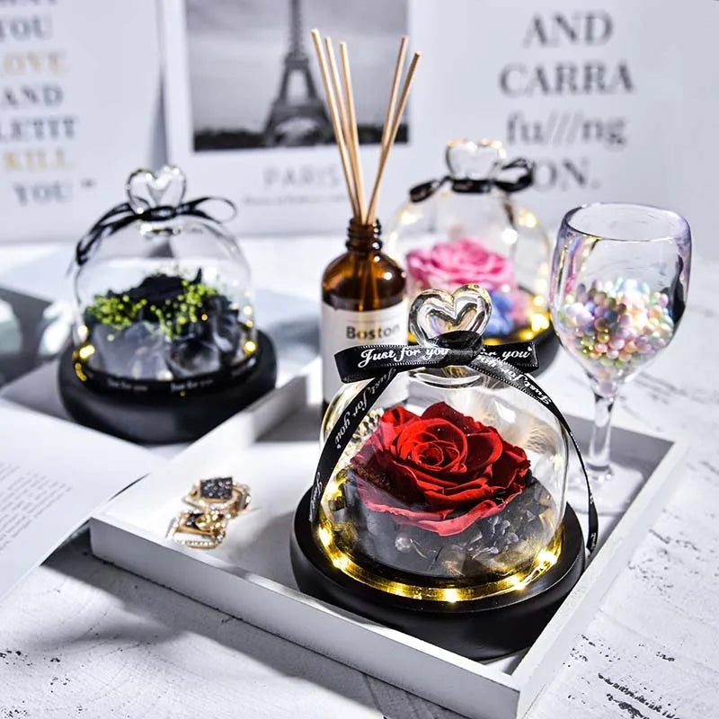 Beauty and Beast Natural Eternal Flowers Forever Preserved Rose In Glass Dome W Led Valentine Birthday Christmas Gifts for Her