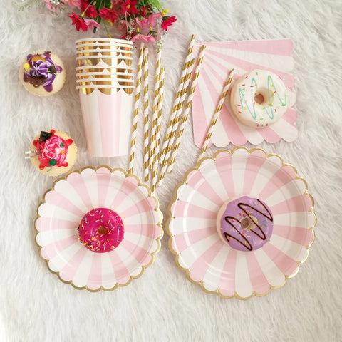Pink Foil Gold Disposable Paper Plate Birthday Cups Straw For Kids Birthday Baby Shower Baptism Party Wedding Decor Tableware