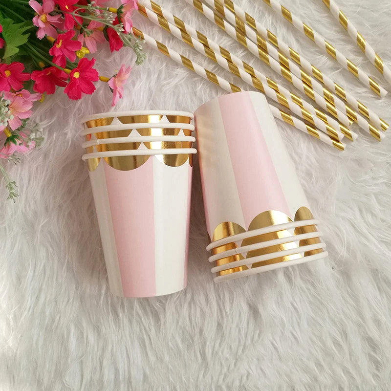 Pink Foil Gold Disposable Paper Plate Birthday Cups Straw For Kids Birthday Baby Shower Baptism Party Wedding Decor Tableware