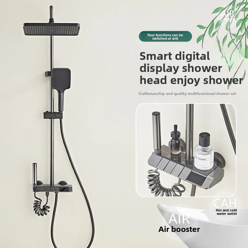 Grey shower Set Four-Function Smart Digital Display Shower System Rainfall Pressurized Wall-mounted Piano Key Shower Faucet Set