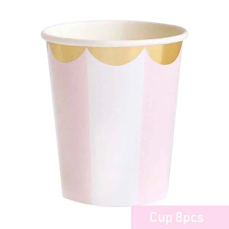 Pink Foil Gold Disposable Paper Plate Birthday Cups Straw For Kids Birthday Baby Shower Baptism Party Wedding Decor Tableware