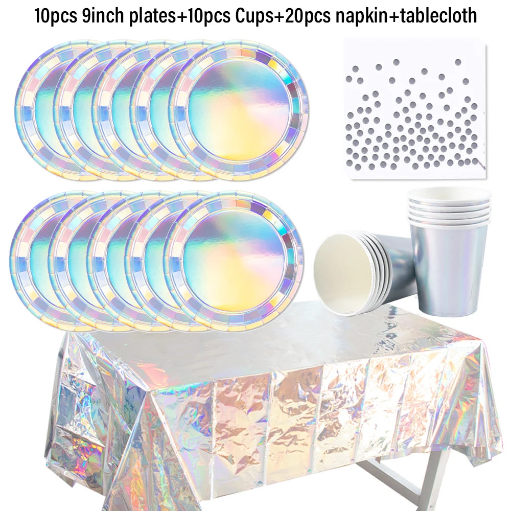 Silver Disposable Tableware DIY Cups Plates Napkins Tablecloth Birthday Party Adult Wedding Baby Shower Decorations Supplies