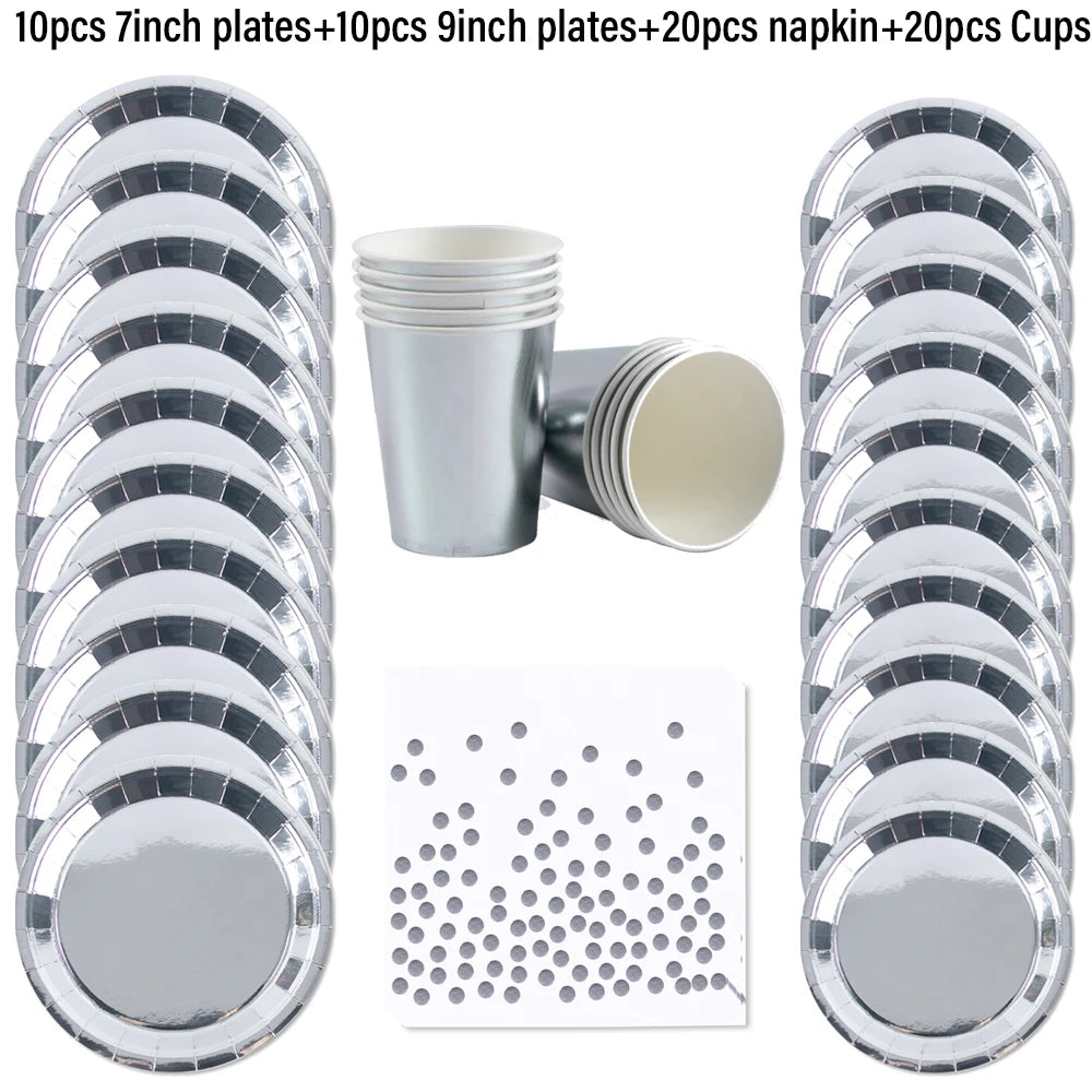 Silver Disposable Tableware DIY Cups Plates Napkins Tablecloth Birthday Party Adult Wedding Baby Shower Decorations Supplies