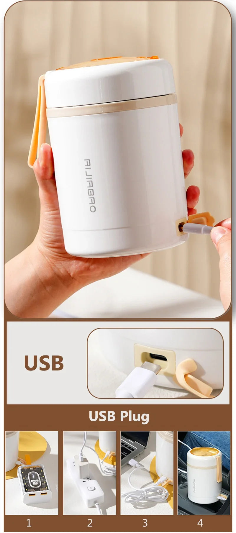 600ML Portable USB Electric Heating Lunch Box Stainless Steel Food Warmer for Picnic Milk Drink 5V 12V 24V Food Heater