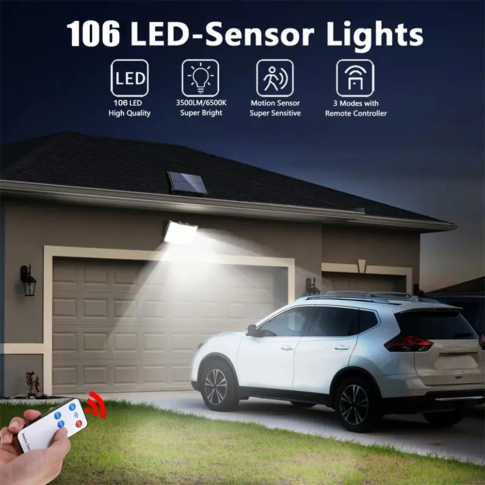 106 LED Solar Motion Light Outdoor Separate Panel Solar Flood Lights 3Light Modes for Garden Garage Street Lamp Outdoor Lighting