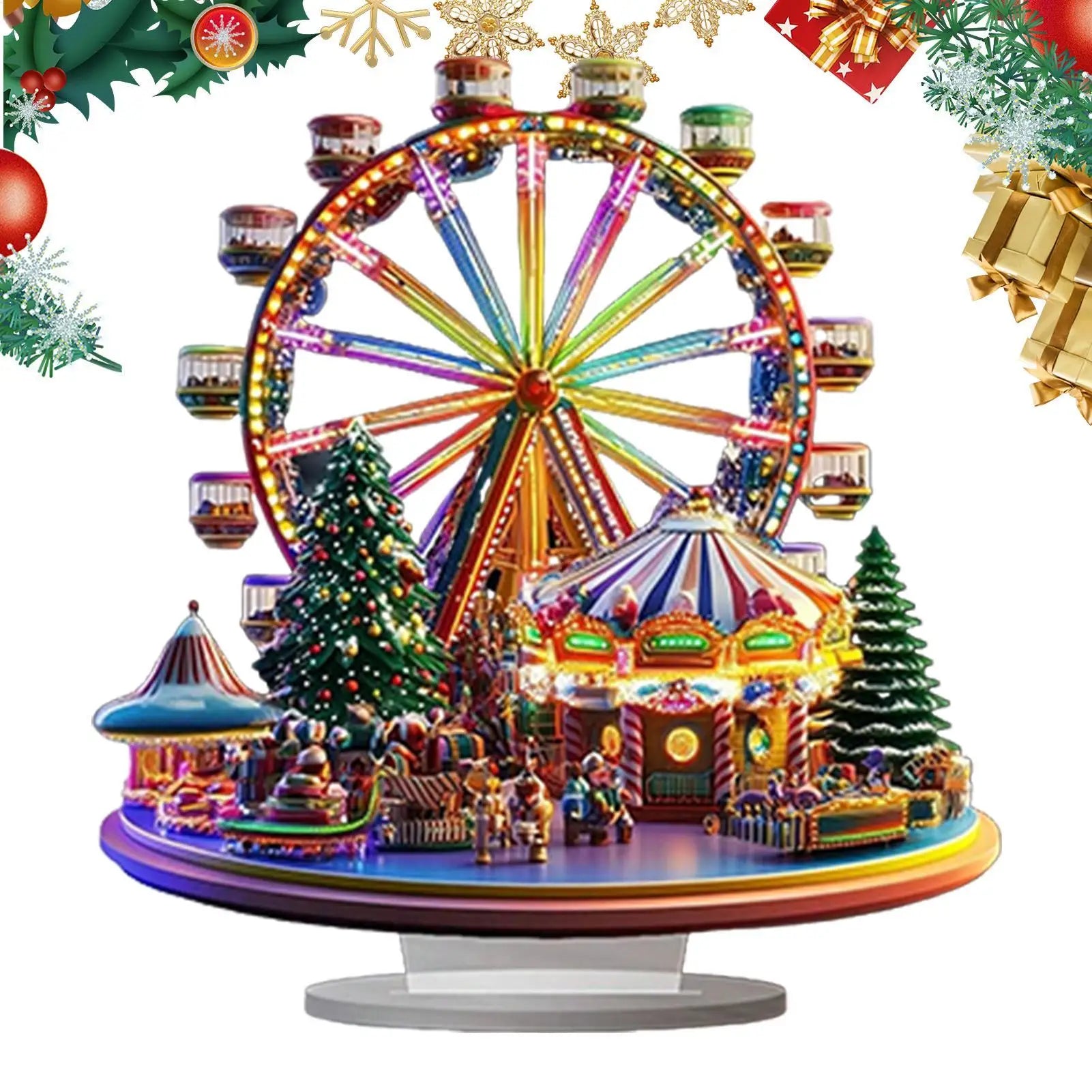 Christmas Village Ferris Wheel 2D Acrylic Holiday Figurines Ferris Wheel Christmas Ornament for Thanksgiving Birthday Offices