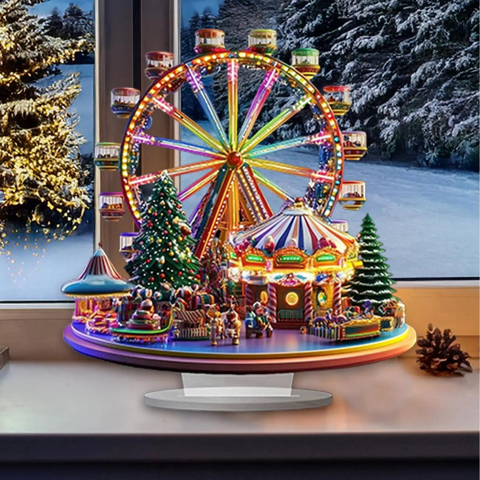 Christmas Village Ferris Wheel 2D Acrylic Holiday Figurines Ferris Wheel Christmas Ornament for Thanksgiving Birthday Offices