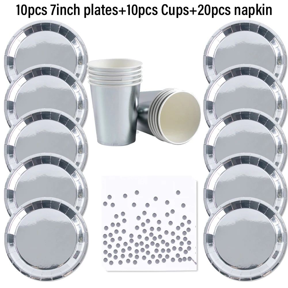 Silver Disposable Tableware DIY Cups Plates Napkins Tablecloth Birthday Party Adult Wedding Baby Shower Decorations Supplies