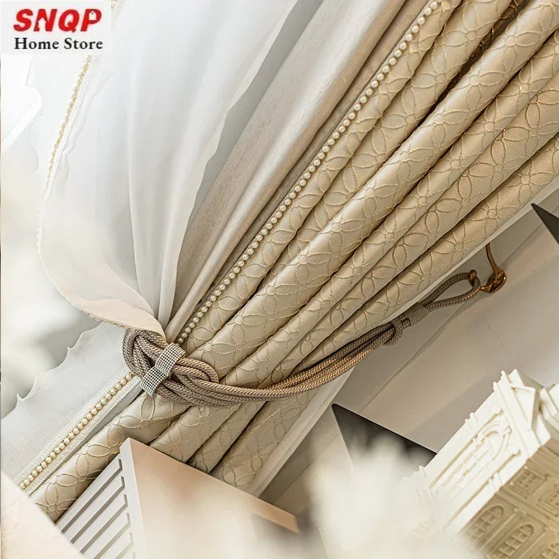 Luxury French Cream Soft Curtain for Living Room Texture High Precision Bedroom Glitter Line Window Tulle  Custom