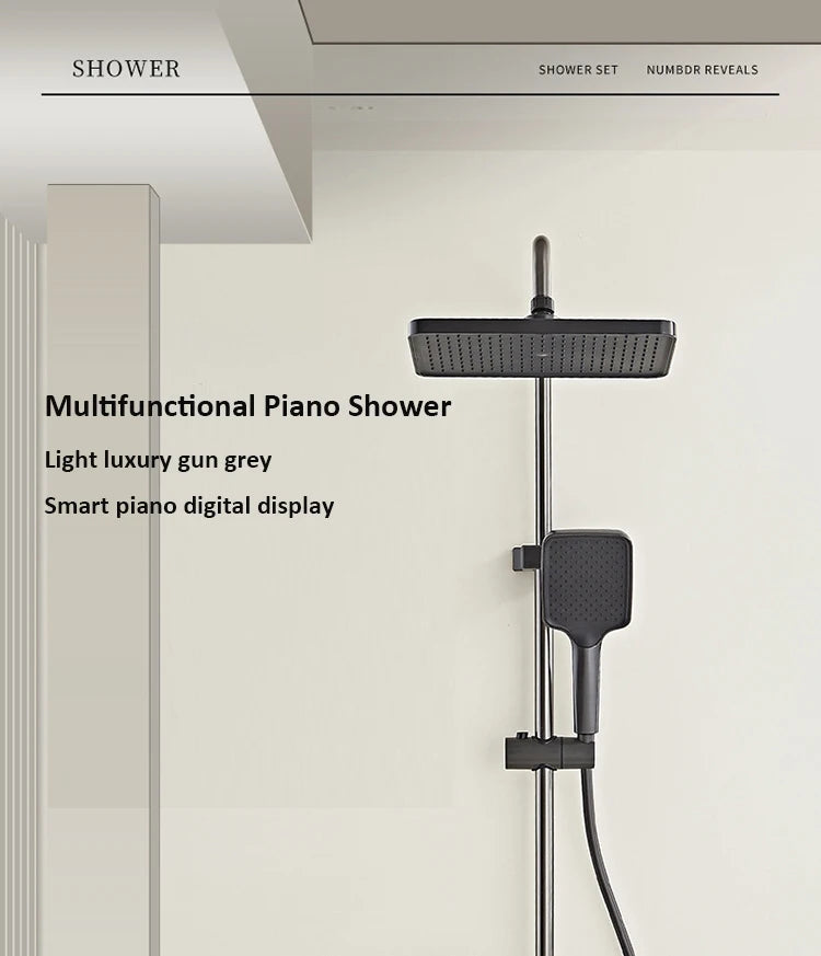 Grey shower Set Four-Function Smart Digital Display Shower System Rainfall Pressurized Wall-mounted Piano Key Shower Faucet Set