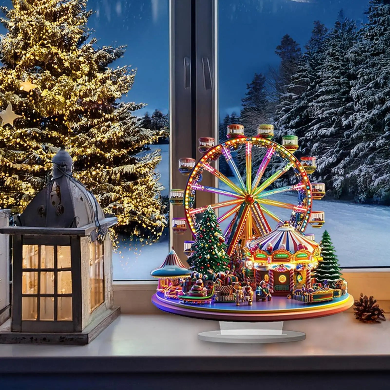 Christmas Village Ferris Wheel 2D Acrylic Holiday Figurines Ferris Wheel Christmas Ornament for Thanksgiving Birthday Offices