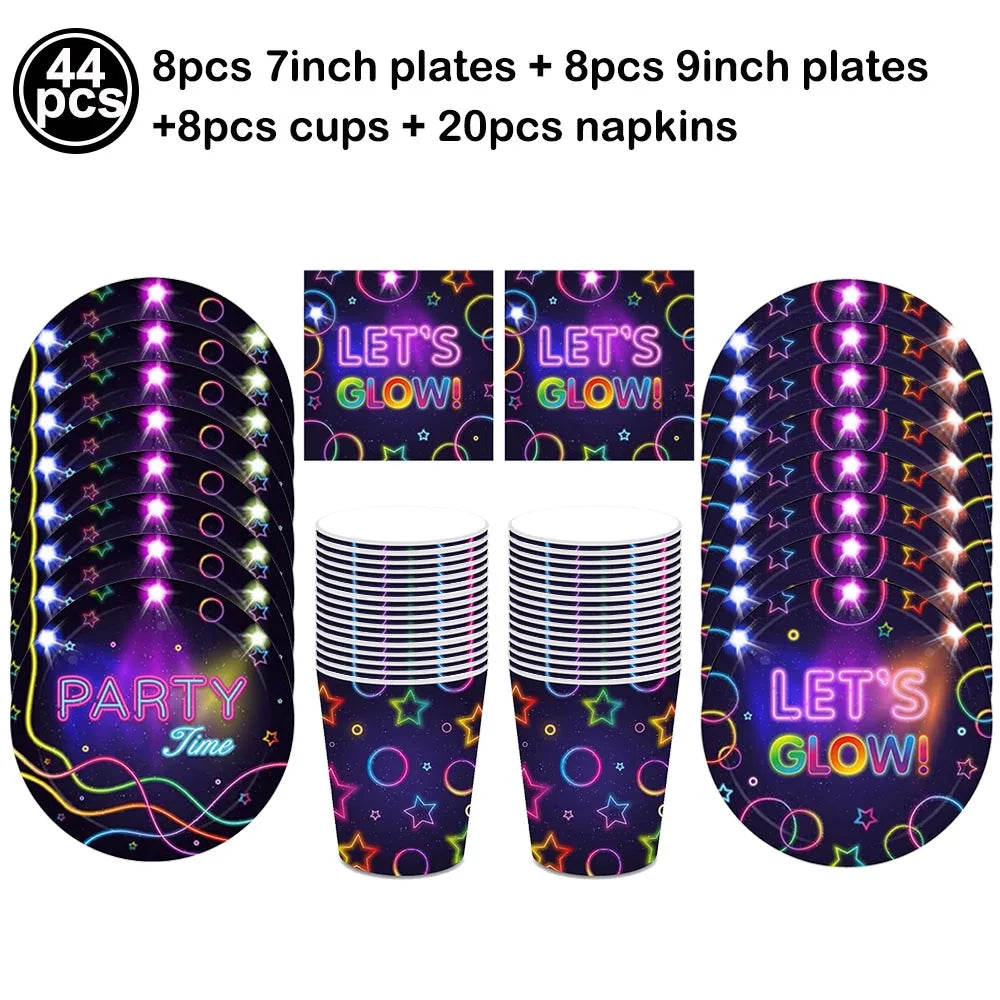 Neon Party Tableware Tablecloths Cups Plates Banner Napkins straws Balloons Neon Glow Birthday Party Decoration Supplies