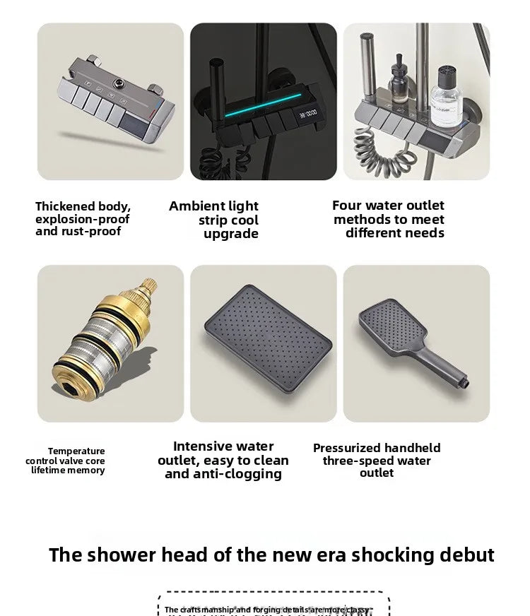 Grey shower Set Four-Function Smart Digital Display Shower System Rainfall Pressurized Wall-mounted Piano Key Shower Faucet Set