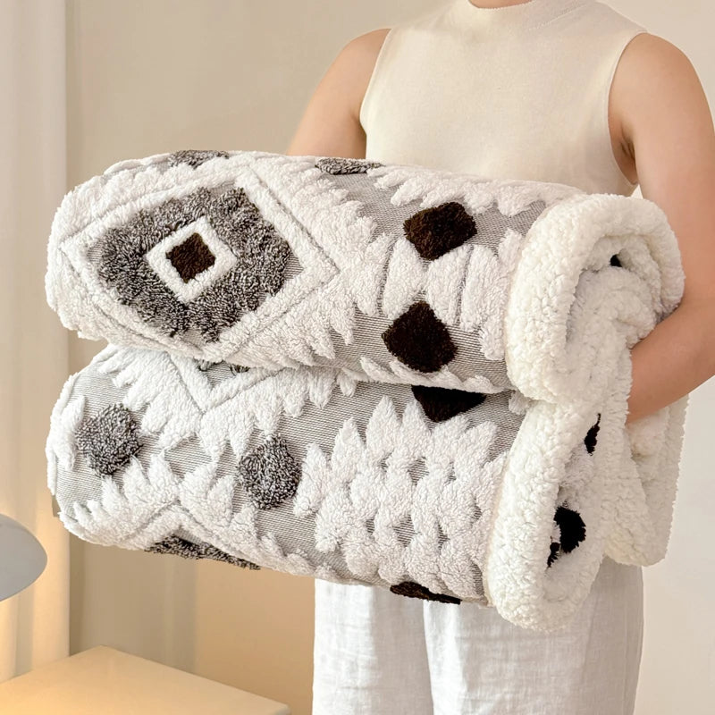 Geometric Patterned Jacquard Fleece Blanket Double Layer Thick Warm Taffeta Sofa Throw Blanket Autumn Winter Plush Bed Blanket