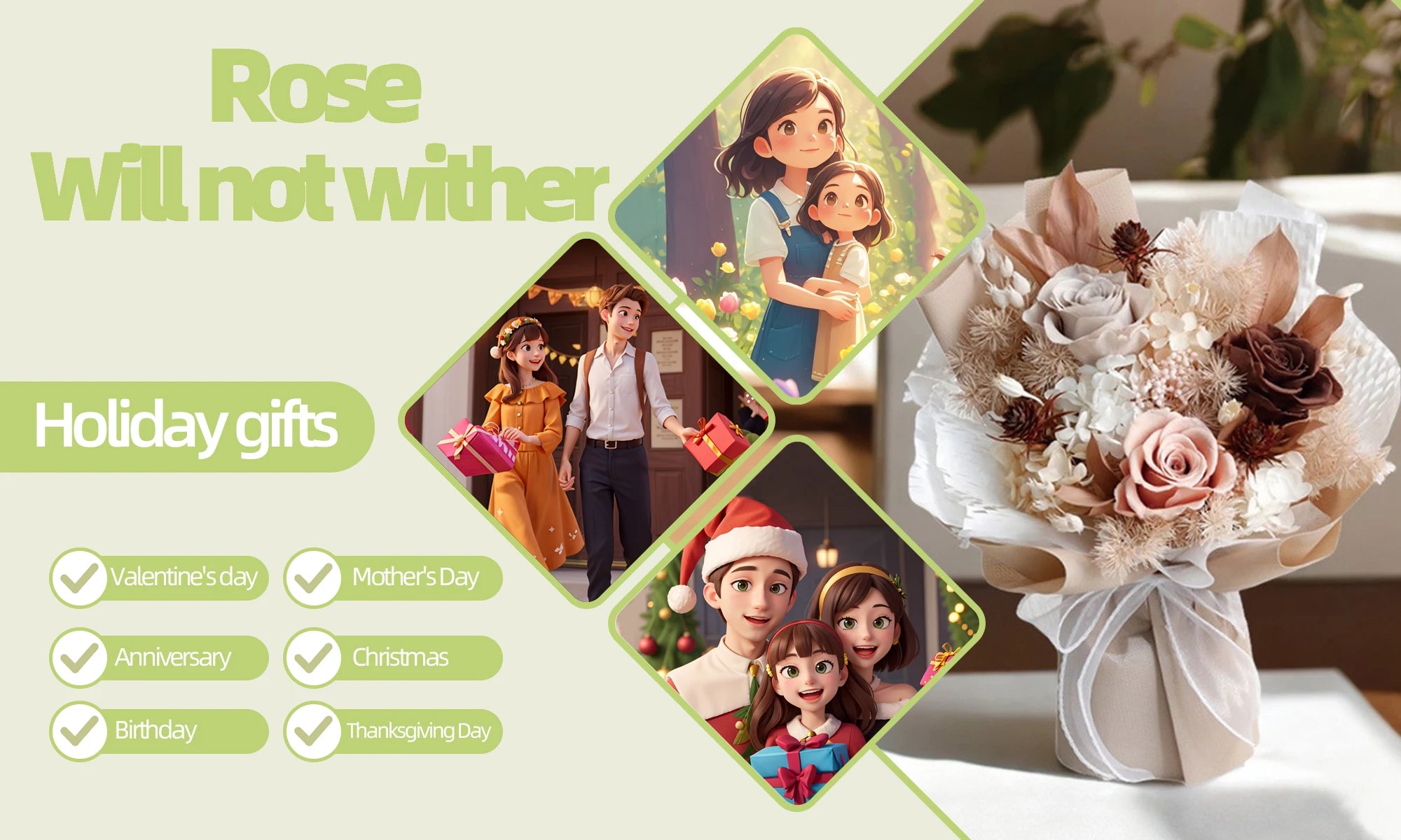 Long Lasting Preserved Flower Bouquet Gift for Valentine's Day - Zero Maintenance Artificial Flowers, Fresh 3 Years in Home Deco