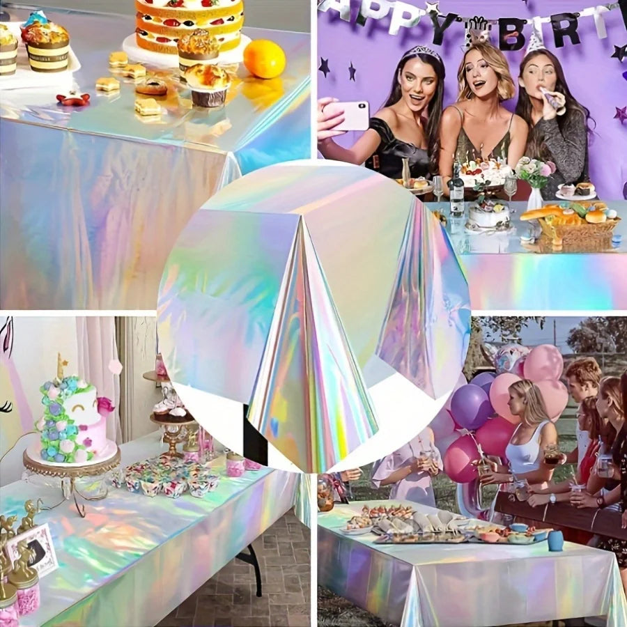 Disposable Shimmering Laser Rainbow Tablecloth Aluminum Film Tablecloth Decor for Birthday Wedding Parties Festive Supplies