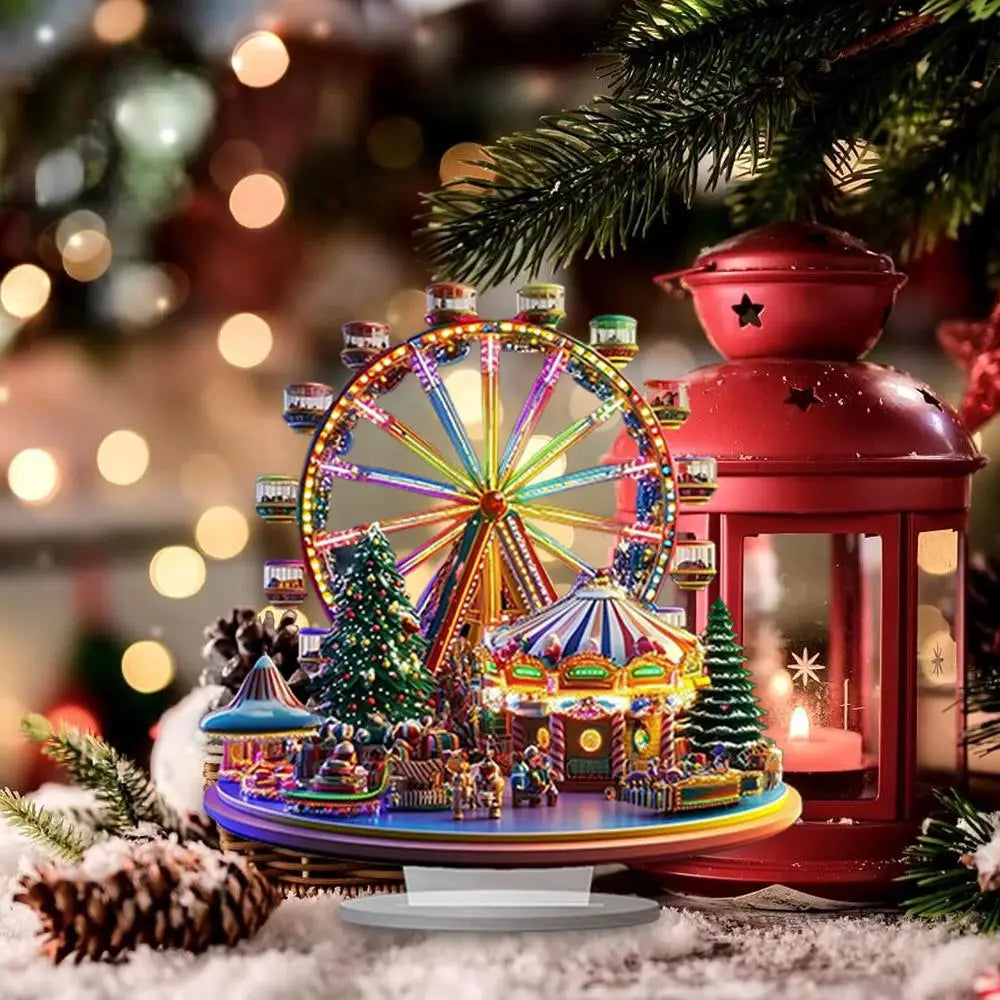 Christmas Village Ferris Wheel 2D Acrylic Holiday Figurines Ferris Wheel Christmas Ornament for Thanksgiving Birthday Offices