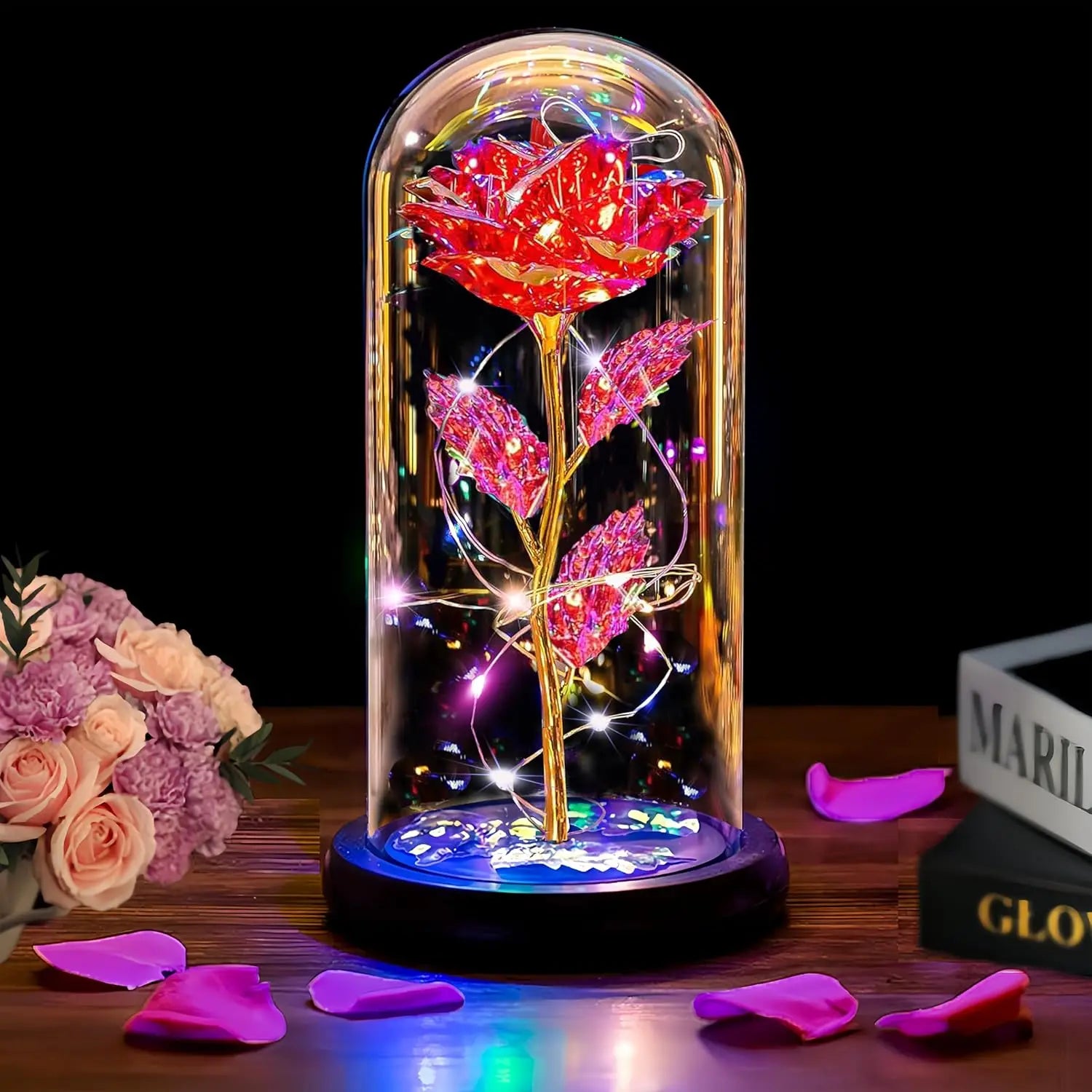 Mothers Day Rose Gifts for Mom, Galaxy Glass Rose Forever Eternal Crystal Flower Light Up Rose in Glass Dome with Butterfly Moth