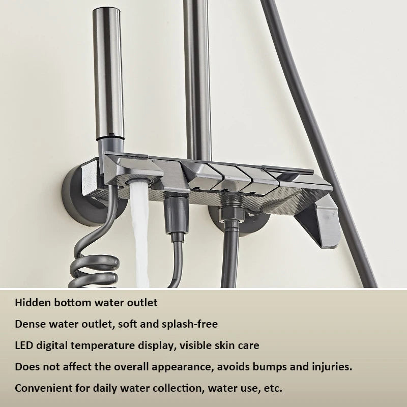 Grey shower Set Four-Function Smart Digital Display Shower System Rainfall Pressurized Wall-mounted Piano Key Shower Faucet Set