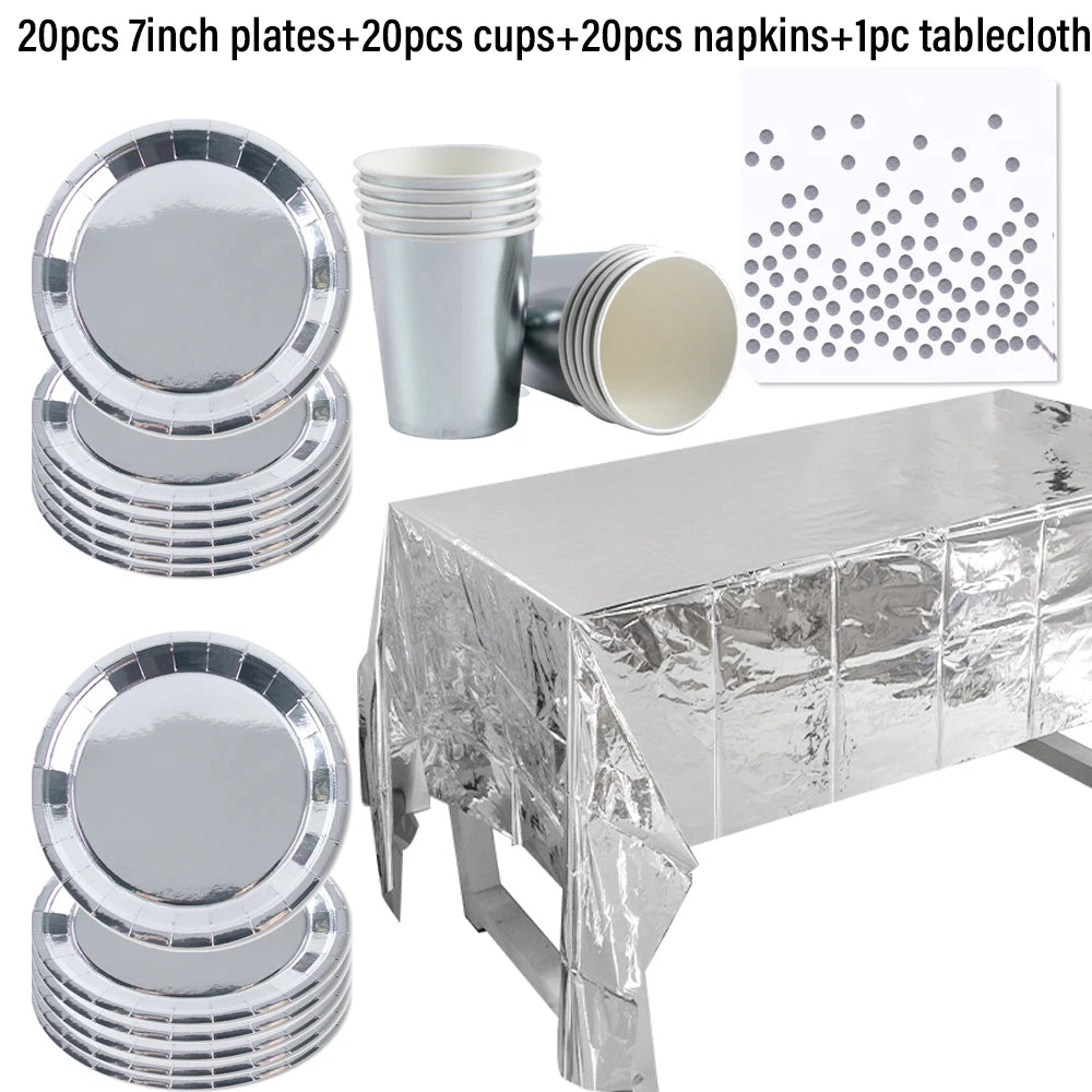 Silver Disposable Tableware DIY Cups Plates Napkins Tablecloth Birthday Party Adult Wedding Baby Shower Decorations Supplies