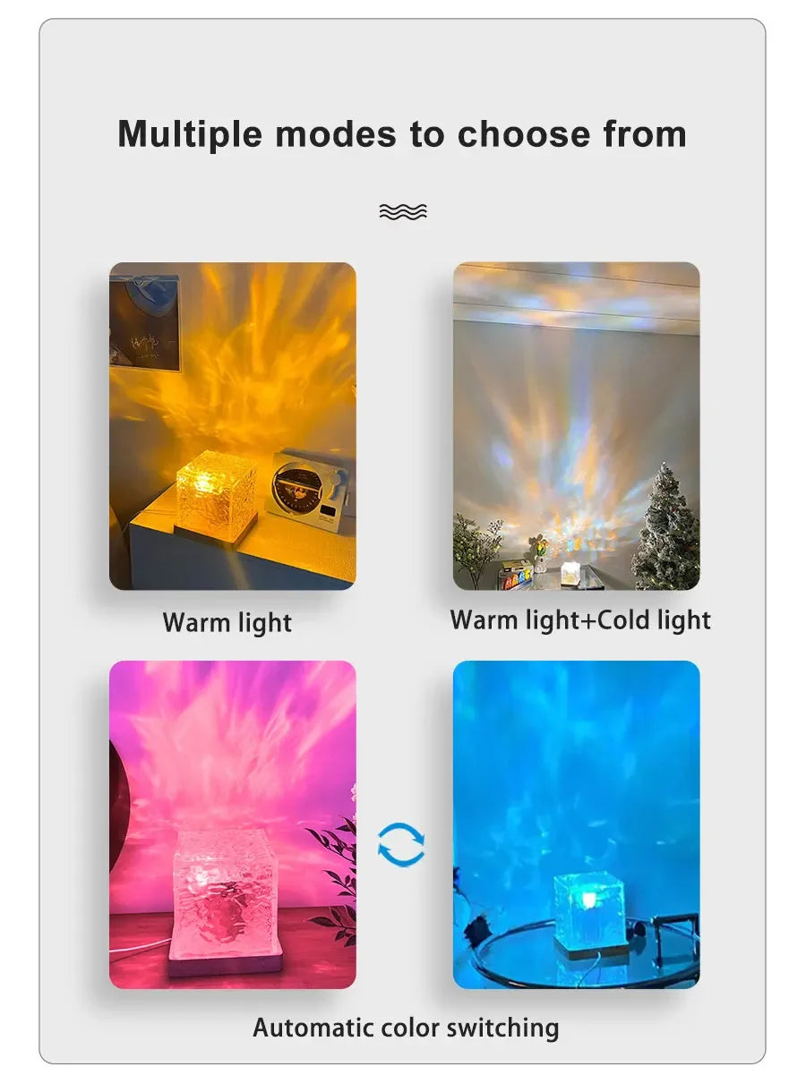Dynamic Rotating Water Ripple Projector Night Light 3/16 Colors Flame Crystal Lamp for Living Room Study Bedroom Rotating Light