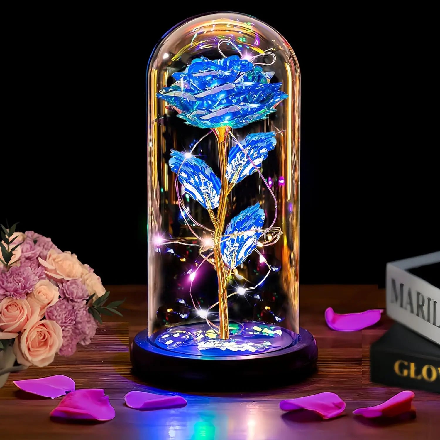 Mothers Day Rose Gifts for Mom, Galaxy Glass Rose Forever Eternal Crystal Flower Light Up Rose in Glass Dome with Butterfly Moth
