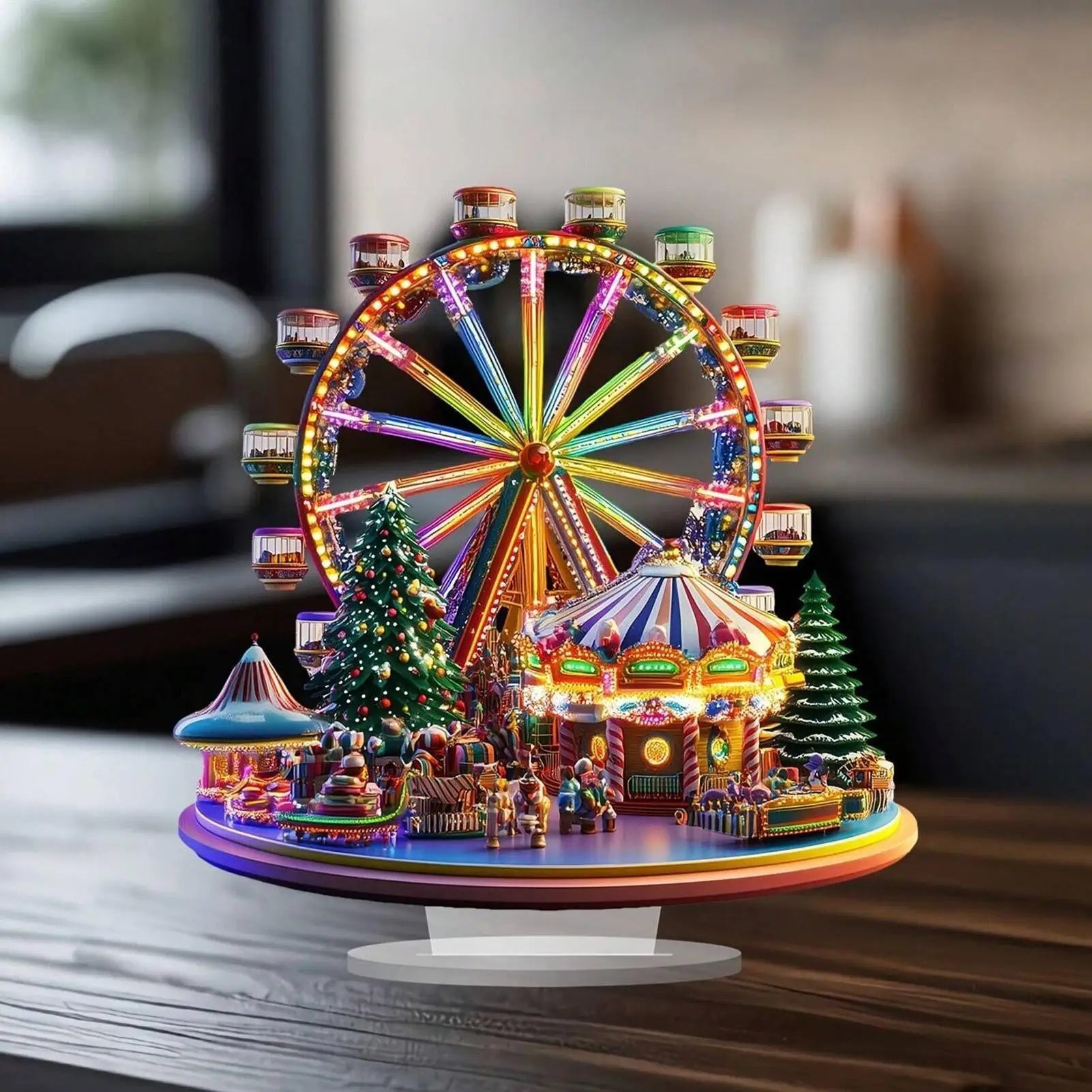 Christmas Village Ferris Wheel 2D Acrylic Holiday Figurines Ferris Wheel Christmas Ornament for Thanksgiving Birthday Offices