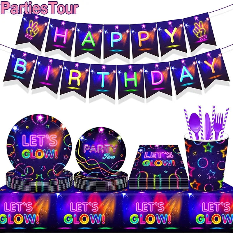 Neon Party Tableware Tablecloths Cups Plates Banner Napkins straws Balloons Neon Glow Birthday Party Decoration Supplies