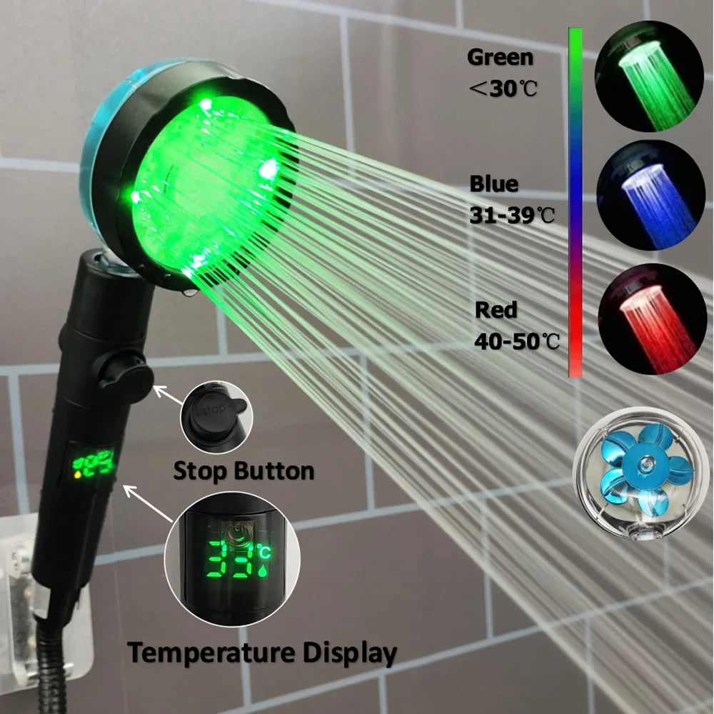 LED Digital Temperature Display Shower Head Temperature Control Colorful Fan Spray Nozzle High Pressure Rainfall Bathroom Shower