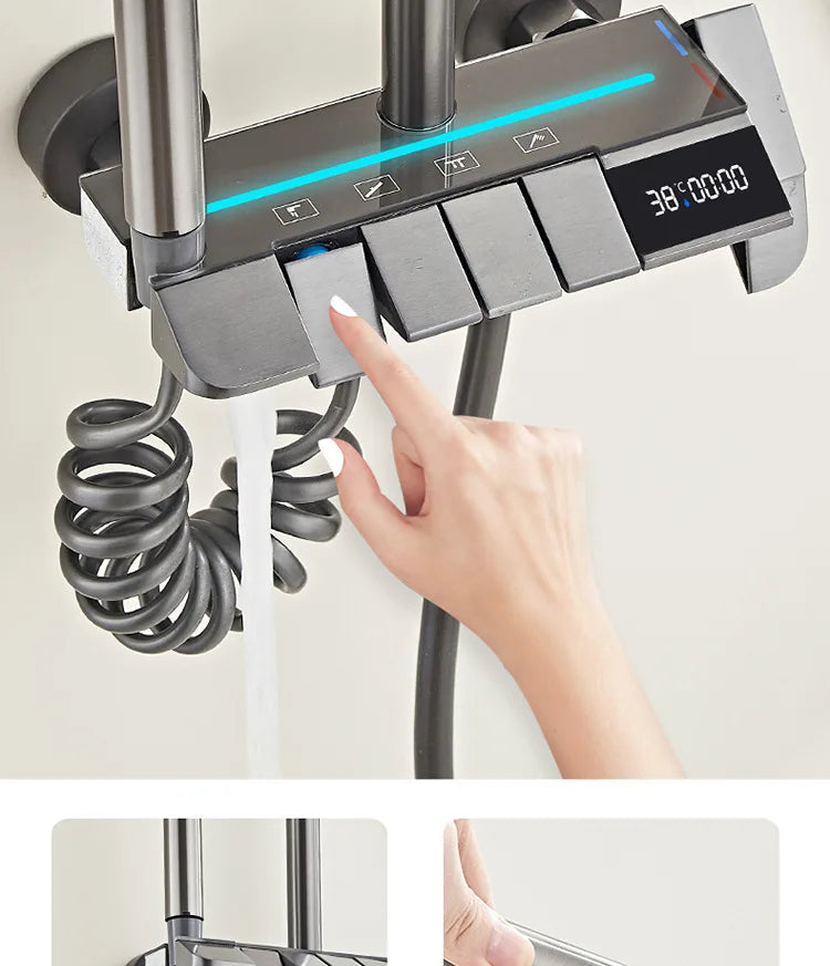 Grey shower Set Four-Function Smart Digital Display Shower System Rainfall Pressurized Wall-mounted Piano Key Shower Faucet Set