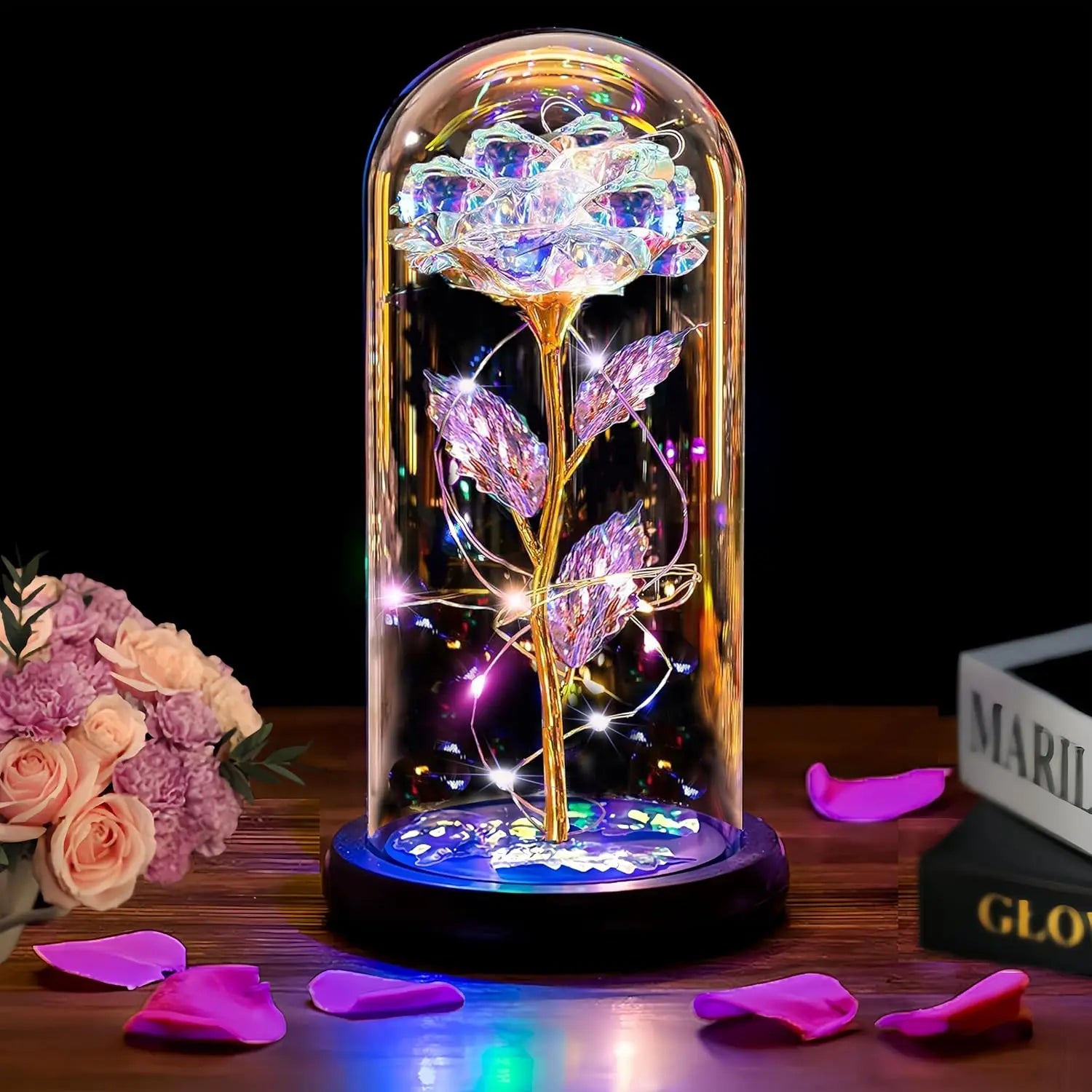 Mothers Day Rose Gifts for Mom, Galaxy Glass Rose Forever Eternal Crystal Flower Light Up Rose in Glass Dome with Butterfly Moth