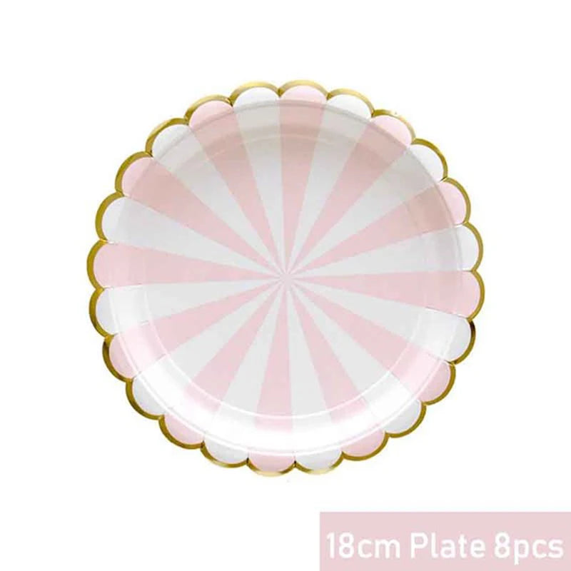 Pink Foil Gold Disposable Paper Plate Birthday Cups Straw For Kids Birthday Baby Shower Baptism Party Wedding Decor Tableware