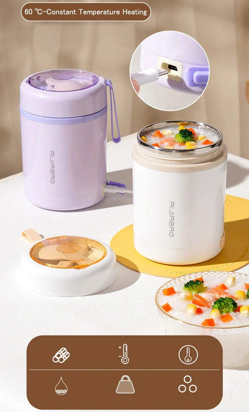 600ML Portable USB Electric Heating Lunch Box Stainless Steel Food Warmer for Picnic Milk Drink 5V 12V 24V Food Heater