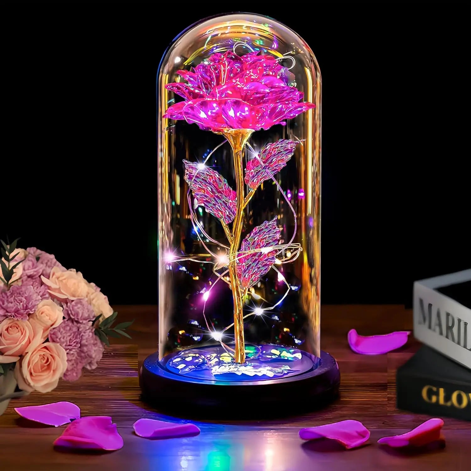 Mothers Day Rose Gifts for Mom, Galaxy Glass Rose Forever Eternal Crystal Flower Light Up Rose in Glass Dome with Butterfly Moth