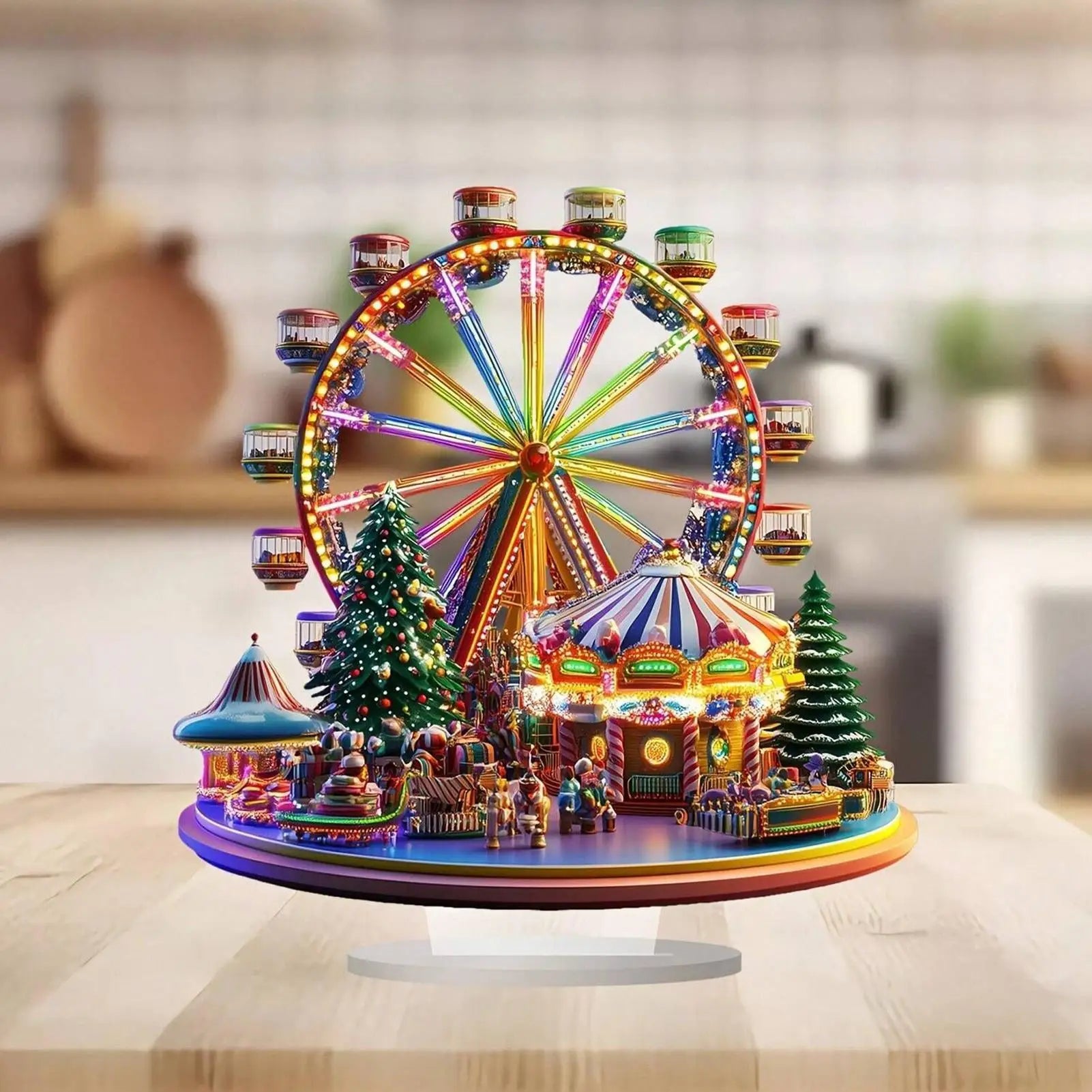 Christmas Village Ferris Wheel 2D Acrylic Holiday Figurines Ferris Wheel Christmas Ornament for Thanksgiving Birthday Offices