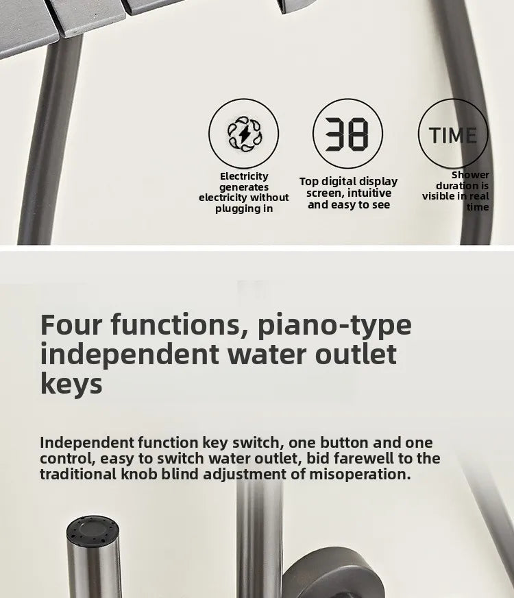 Grey shower Set Four-Function Smart Digital Display Shower System Rainfall Pressurized Wall-mounted Piano Key Shower Faucet Set