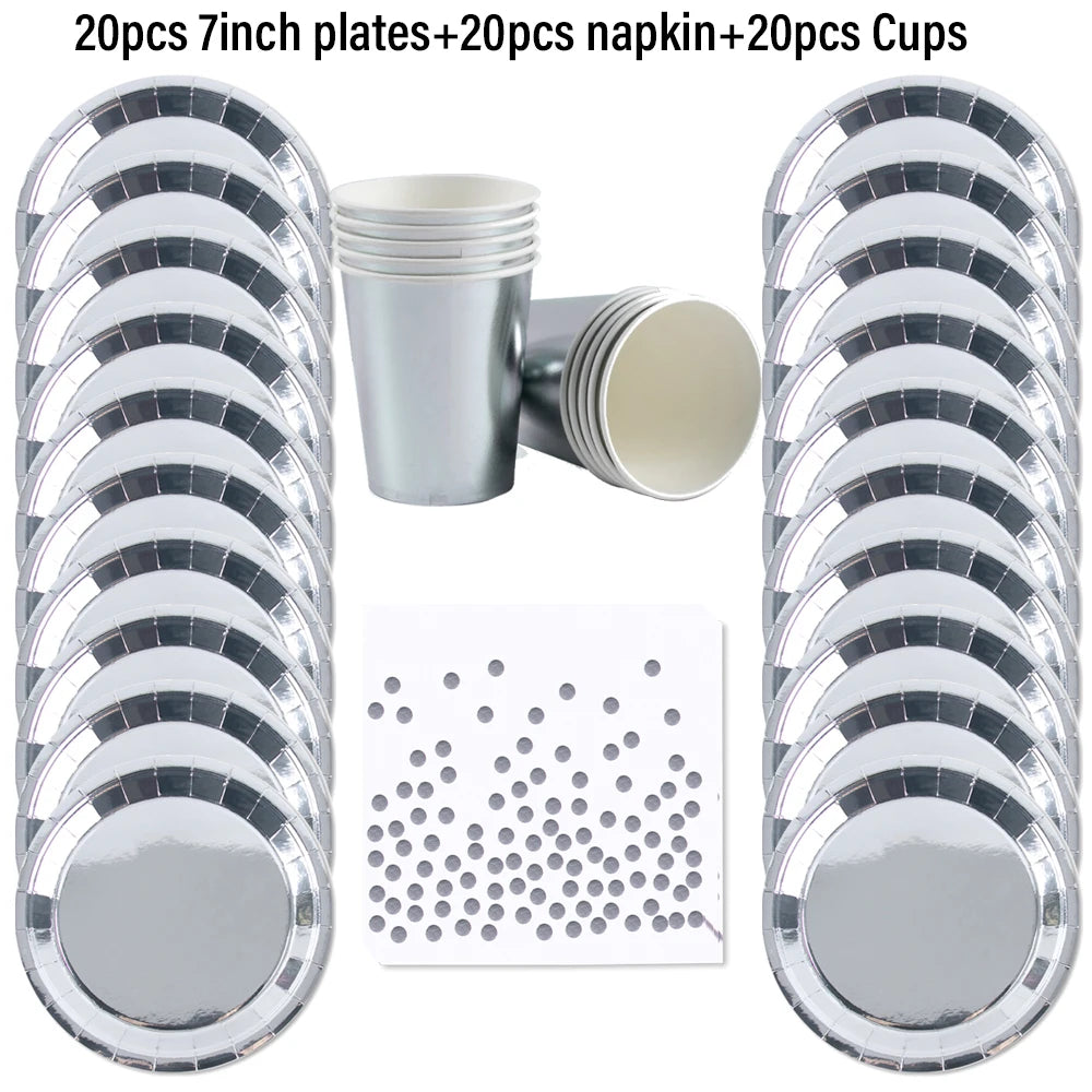 Silver Disposable Tableware DIY Cups Plates Napkins Tablecloth Birthday Party Adult Wedding Baby Shower Decorations Supplies