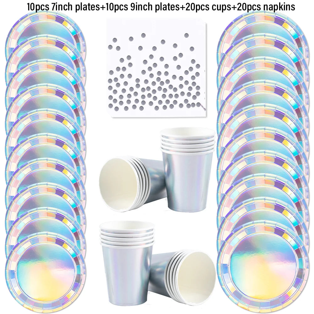 Silver Disposable Tableware DIY Cups Plates Napkins Tablecloth Birthday Party Adult Wedding Baby Shower Decorations Supplies