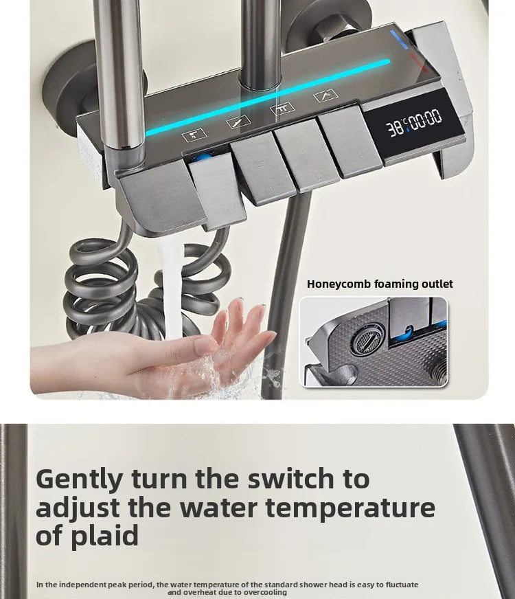 Grey shower Set Four-Function Smart Digital Display Shower System Rainfall Pressurized Wall-mounted Piano Key Shower Faucet Set