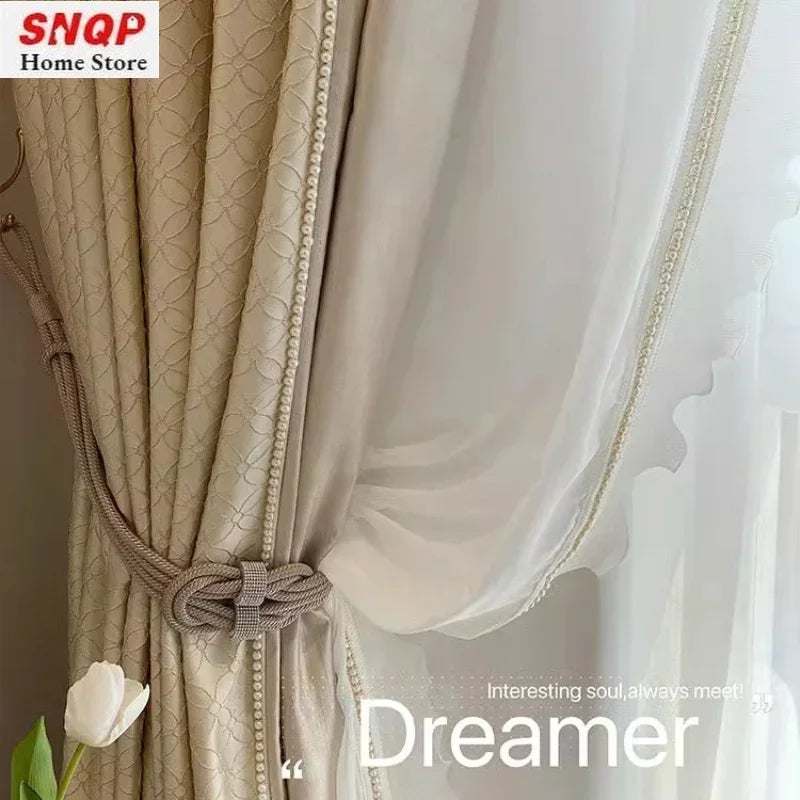 Luxury French Cream Soft Curtain for Living Room Texture High Precision Bedroom Glitter Line Window Tulle  Custom