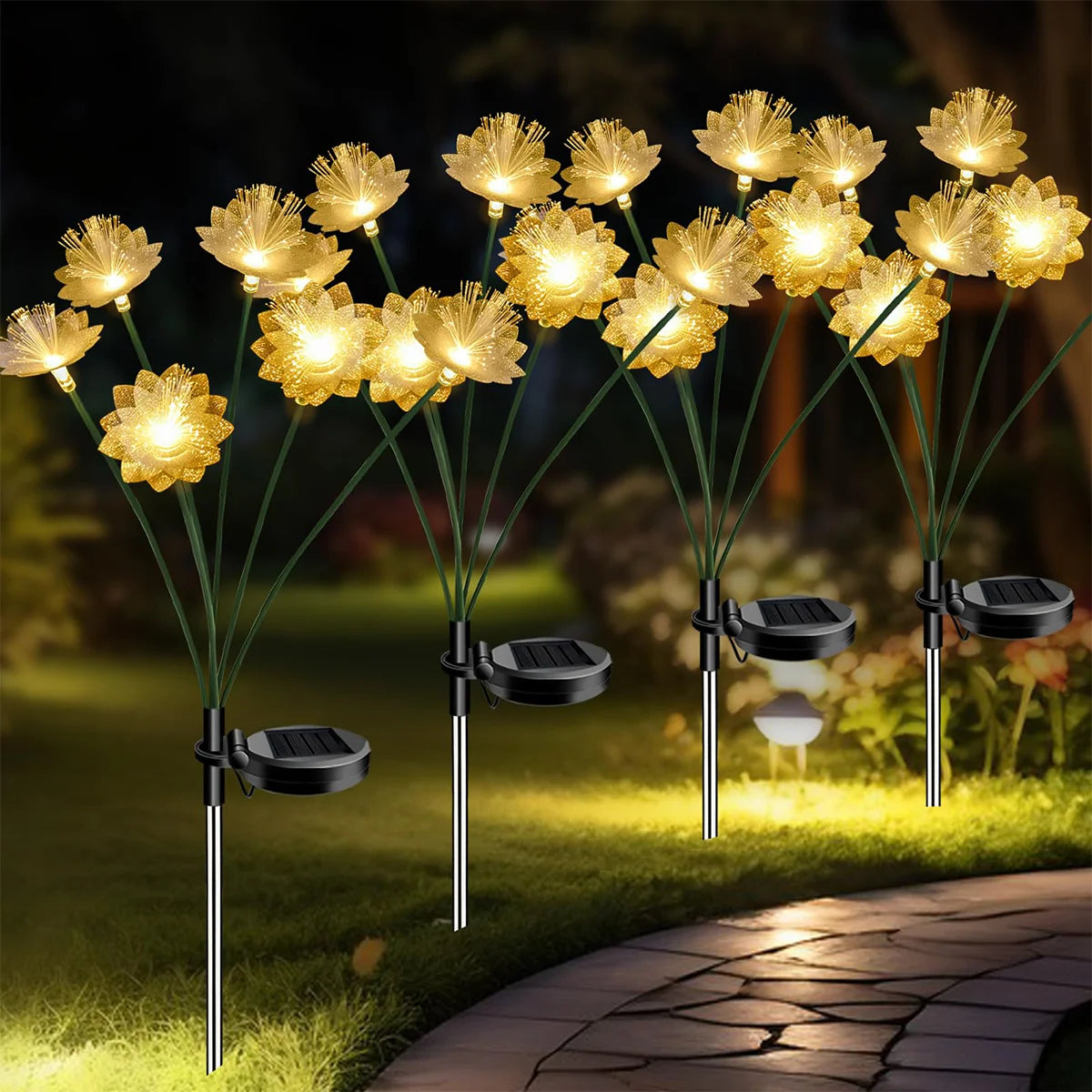 Solar Flower Garden Light Outdoor Lights For Yard Landscape Lighting Pathway Outside Powered Led Fiber Optic Driveway Waterproof