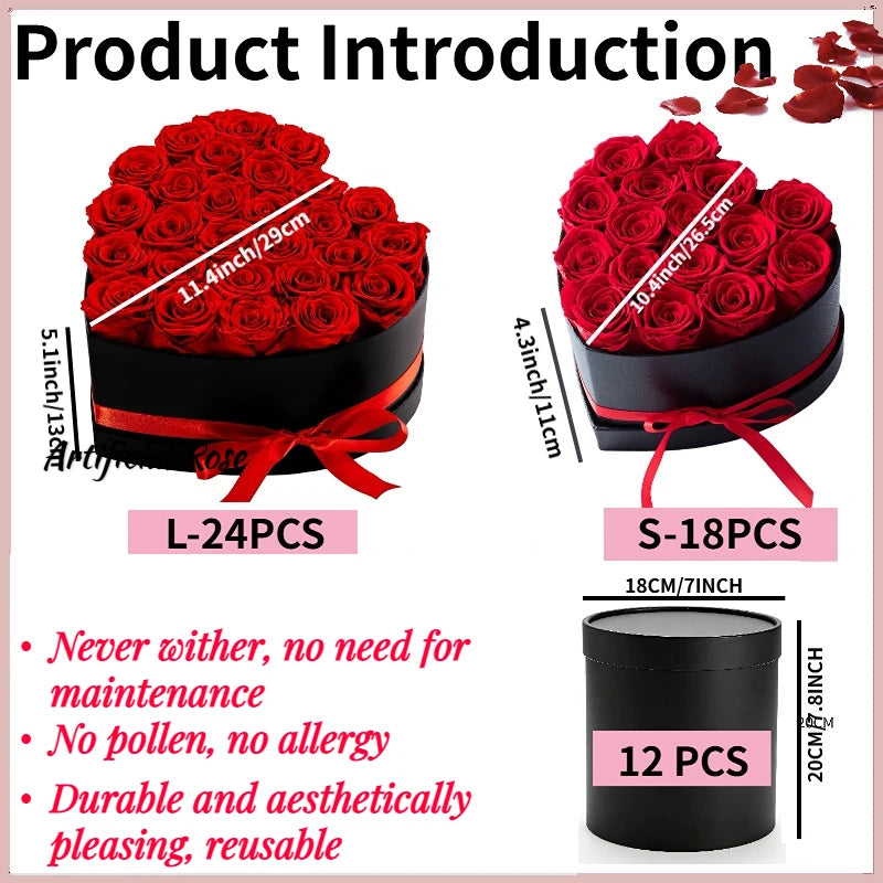 12/18/24PCS Preserved Flowers Rose Heart Shape Box Round Forever Flowers Eternal Valentine's Day Birthday Mother's Gifts For Her