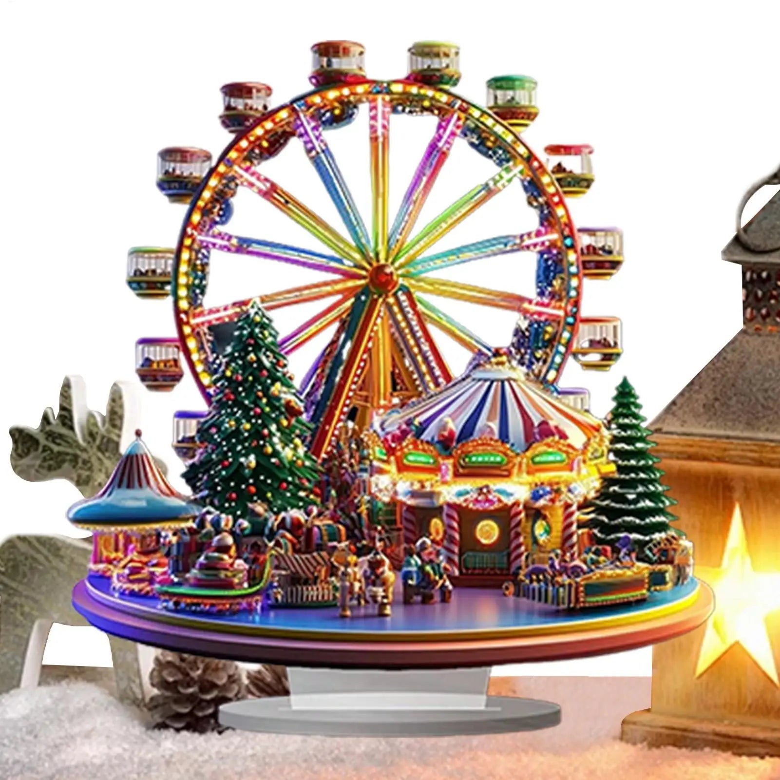 Christmas Village Ferris Wheel 2D Acrylic Holiday Figurines Ferris Wheel Christmas Ornament for Thanksgiving Birthday Offices