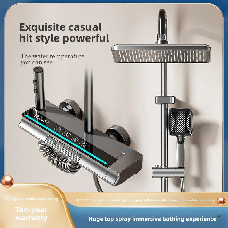 Grey shower Set Four-Function Smart Digital Display Shower System Rainfall Pressurized Wall-mounted Piano Key Shower Faucet Set