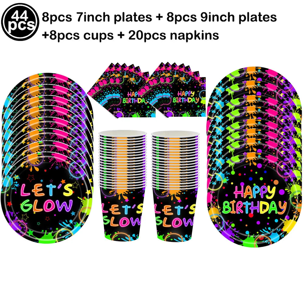 Neon Party Tableware Tablecloths Cups Plates Banner Napkins straws Balloons Neon Glow Birthday Party Decoration Supplies