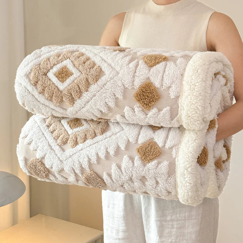 Geometric Patterned Jacquard Fleece Blanket Double Layer Thick Warm Taffeta Sofa Throw Blanket Autumn Winter Plush Bed Blanket
