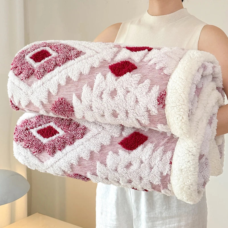 Geometric Patterned Jacquard Fleece Blanket Double Layer Thick Warm Taffeta Sofa Throw Blanket Autumn Winter Plush Bed Blanket